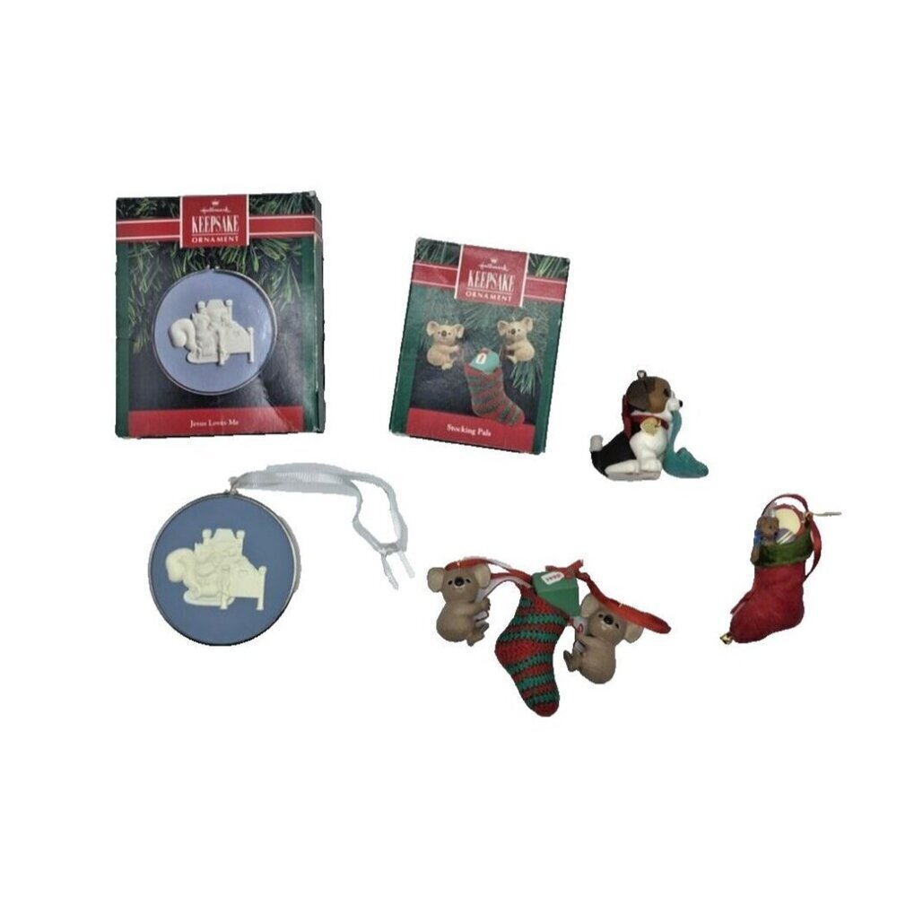 Hallmark Christmas Ornaments Lot 4 Puppy Love Jesus Loves Me Stocking 90s 2001